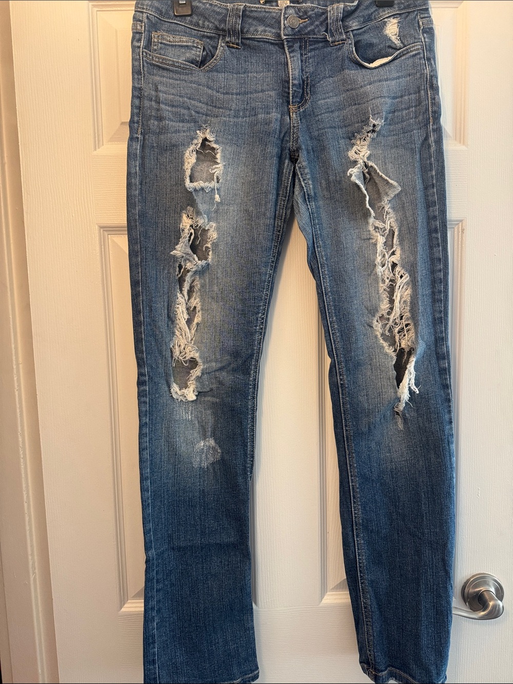Forever 21 Distressed Medium Blue Straight Leg Jeans